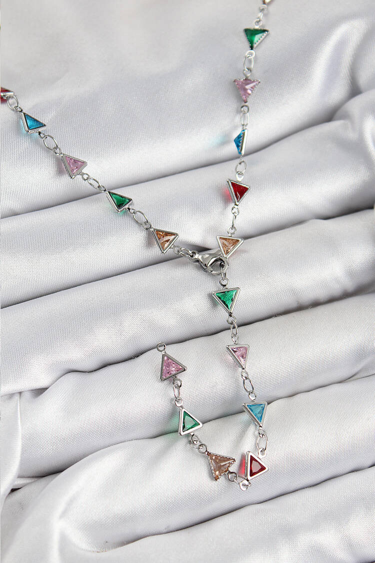 Brass Color Zircon Stone Triangle Pattern Silver Color Women Y Necklace