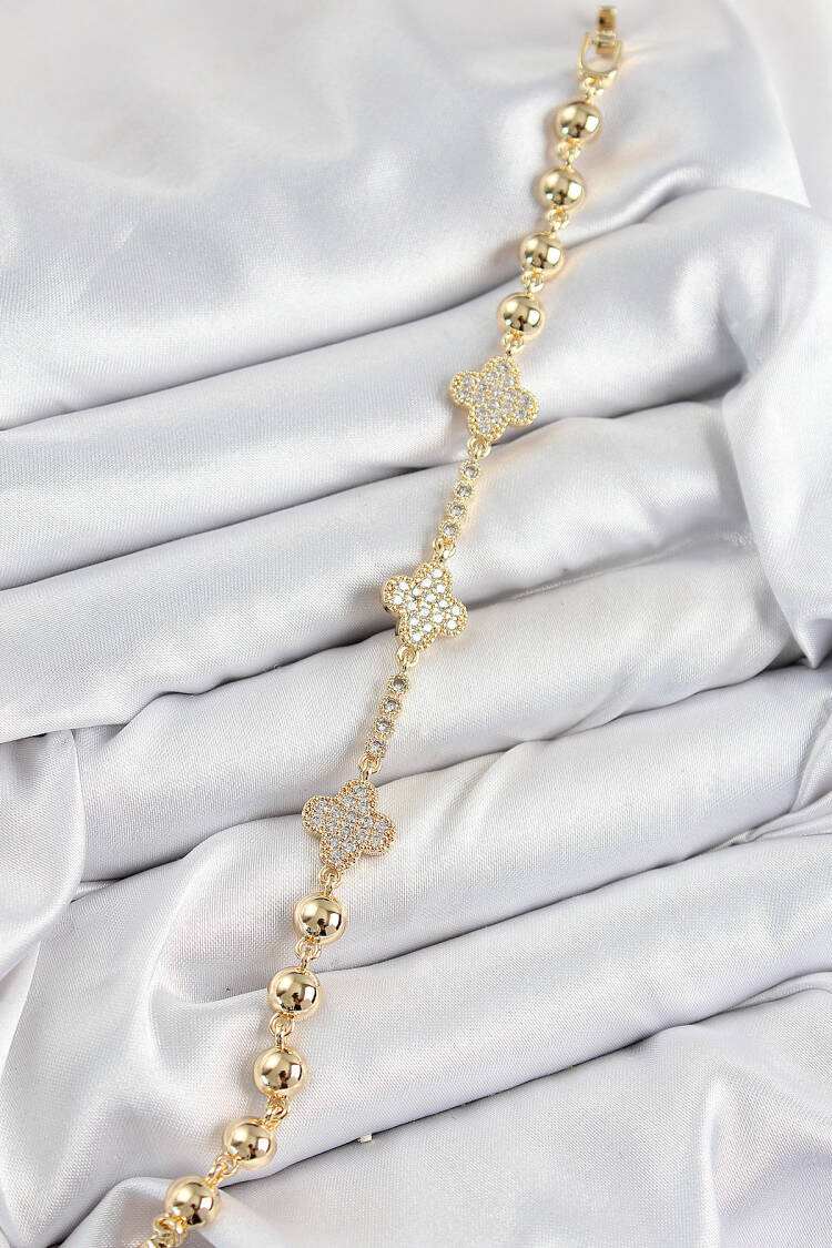 Brass Zircon Stone Clover Pattern Gold Color Women's Bracelet