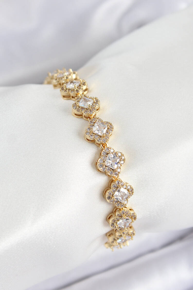 Brass Zircon Stone Clover Baguette Model Gold Color Viping Series Women Bracelet