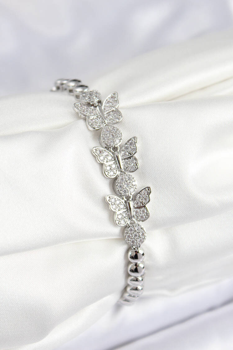 Brass Zircon Stone Butterfly Pattern Silver Color Women's Bracelet