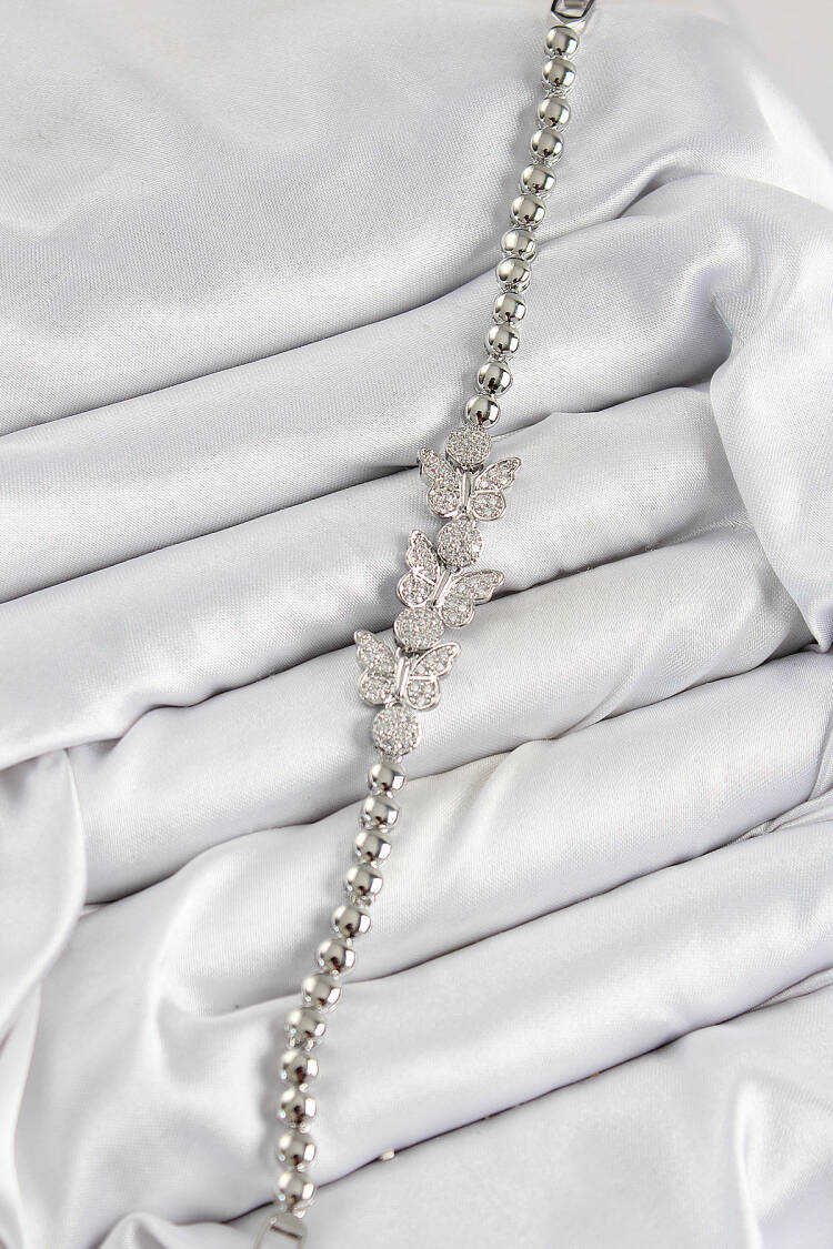Brass Zircon Stone Butterfly Pattern Silver Color Women's Bracelet