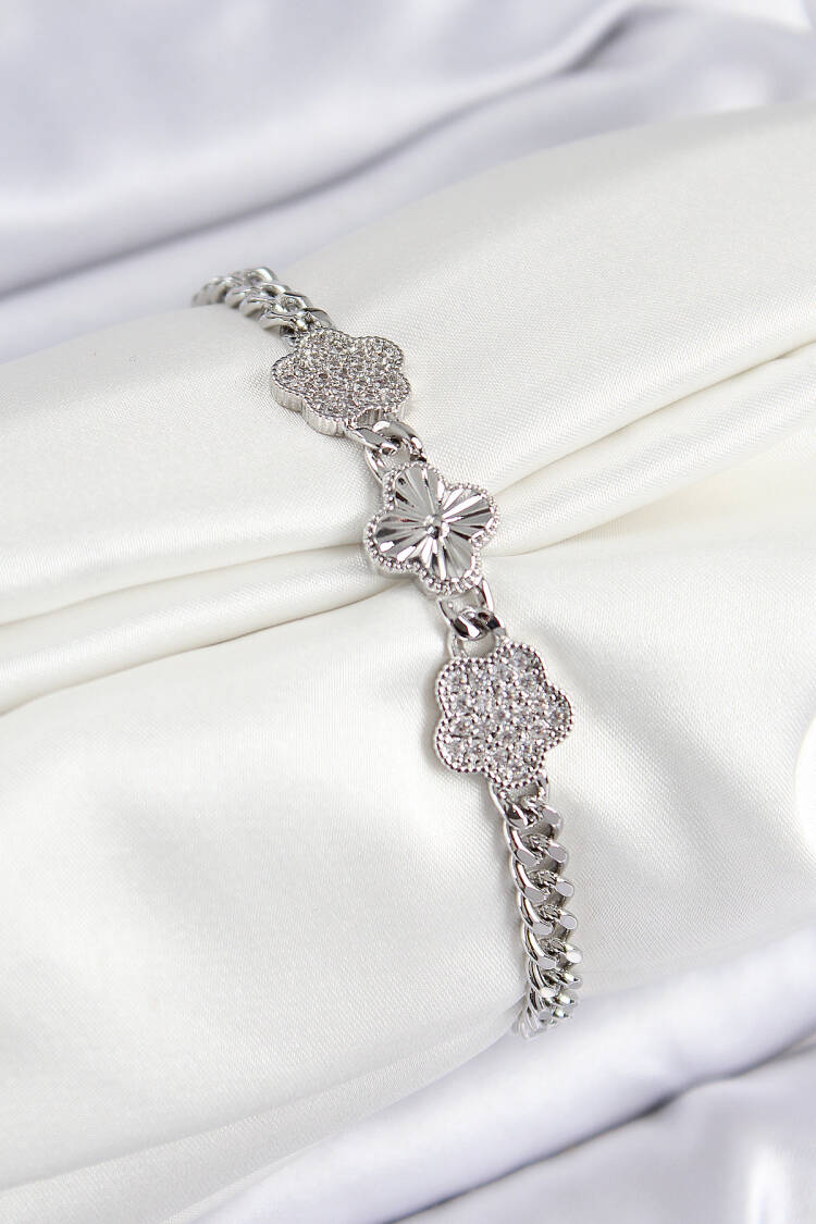 Brass Zircon Stone Clover Pattern Silver Color Women's Bracelet