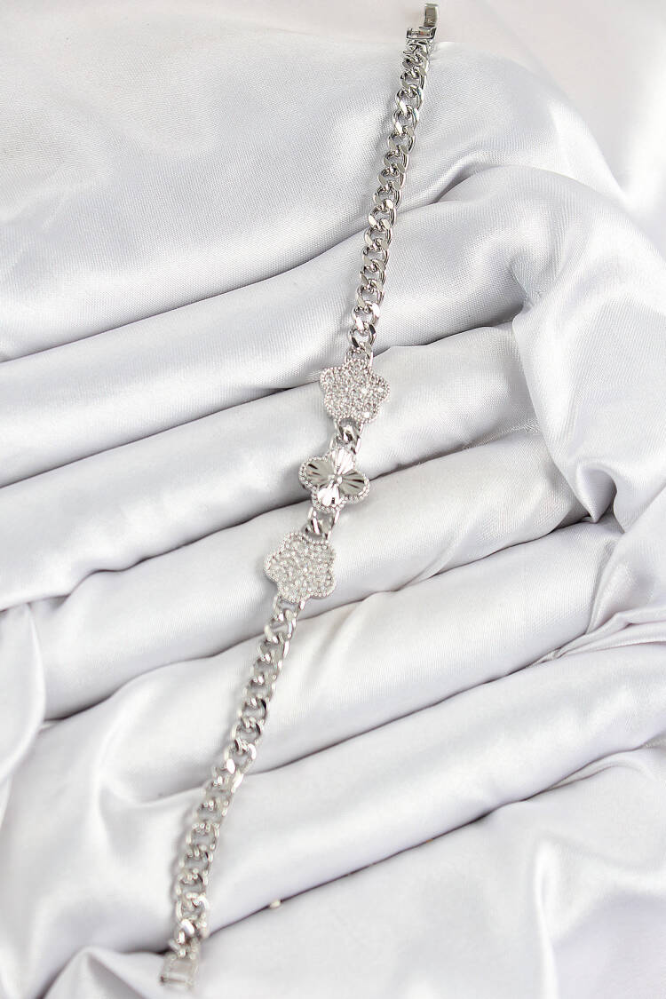 Brass Zircon Stone Clover Pattern Silver Color Women's Bracelet