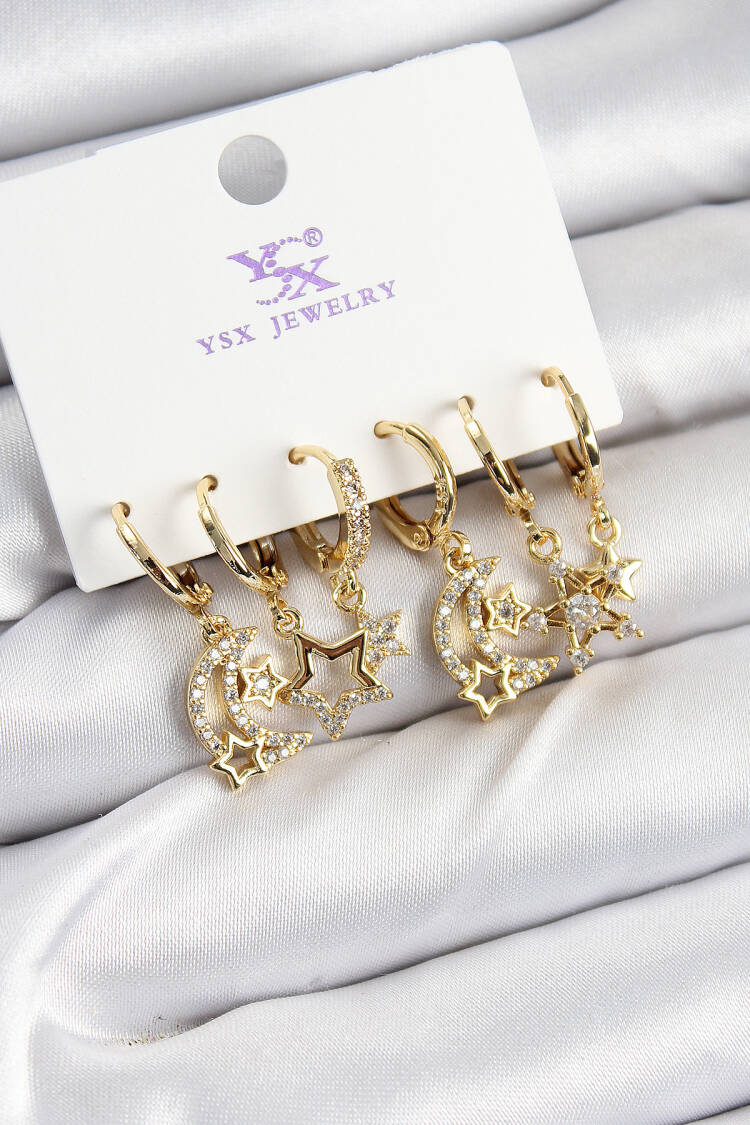 Brass Zircon Stone Moon And Star Pattern Gold Color 3 Pcs Couple Women's Earrings