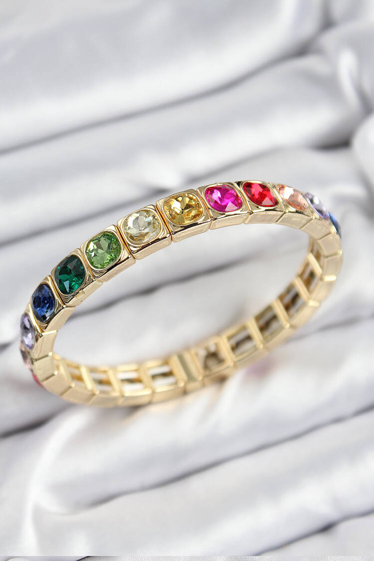 Brass Mixed Zircon Stone Square Model Gold Color Elastic Women Bracelet