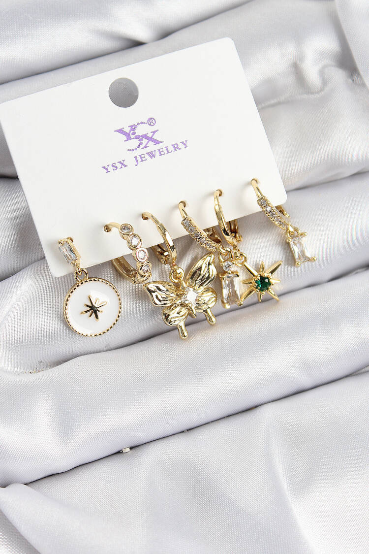 Brass Zircon Stone Butterfly And Star Pattern Gold Color 3 Piece Couple Women Earrings