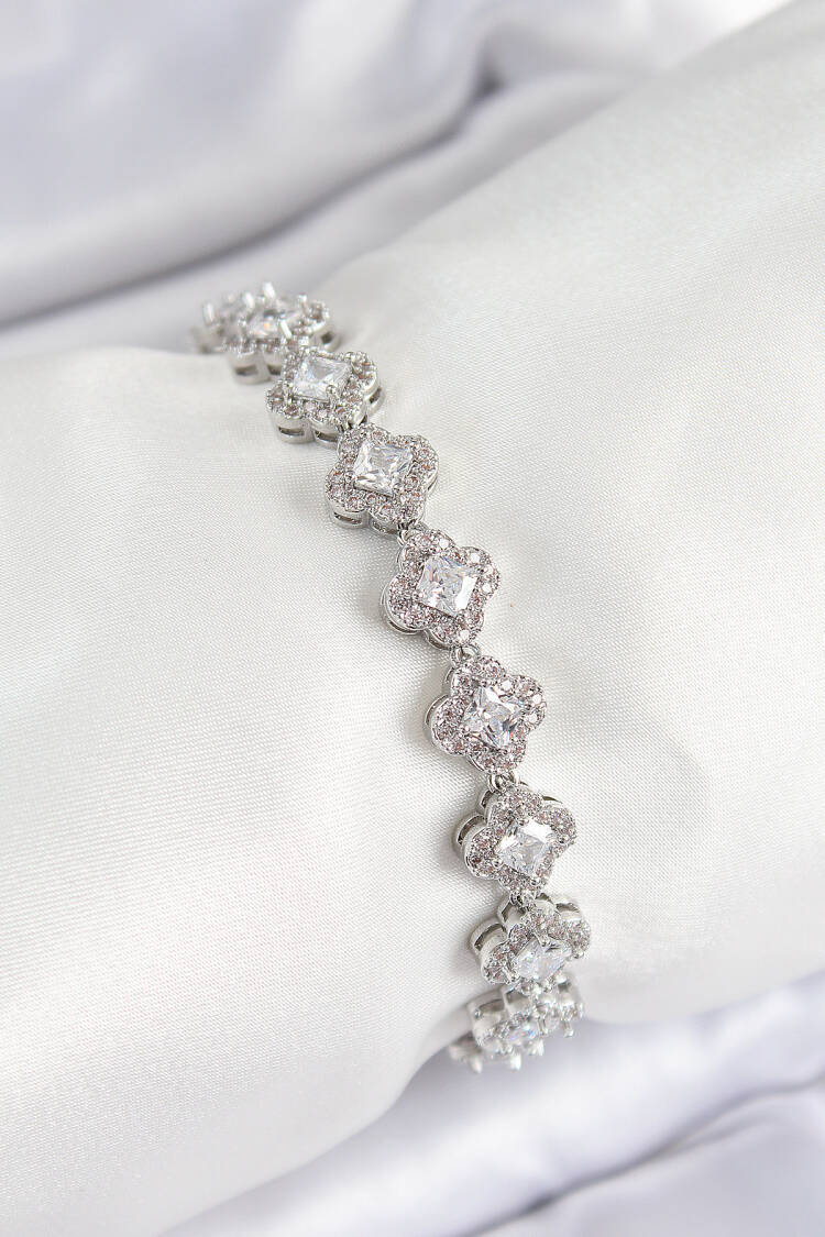 Brass Zircon Stone Clover Baguette Model Silver Color Viping Series Women Bracelet