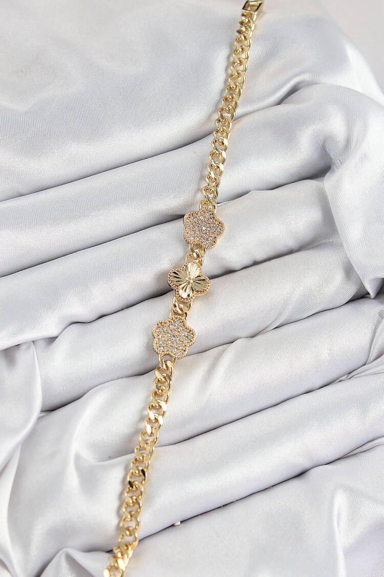 Brass Zircon Stone Clover Pattern Gold Color Women's Bracelet