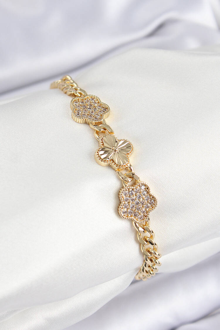 Brass Zircon Stone Clover Pattern Gold Color Women's Bracelet