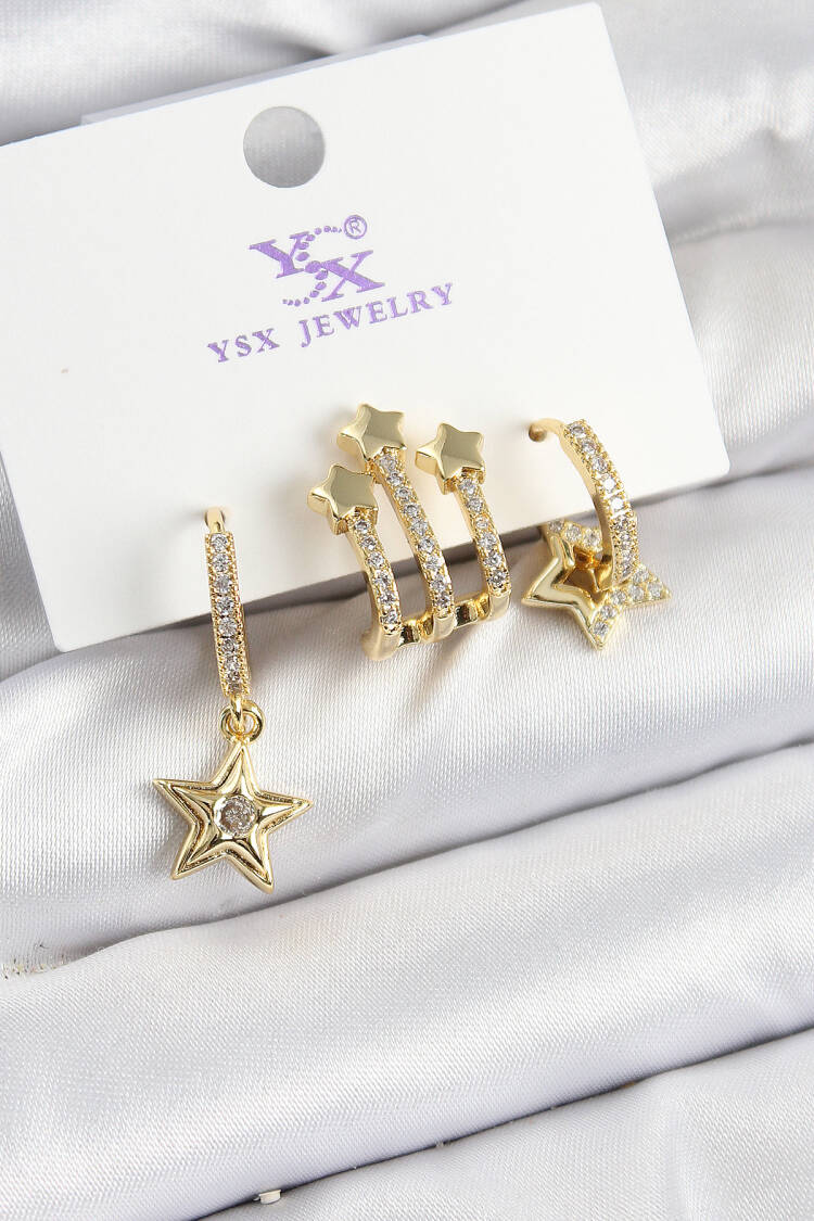 Brass Zircon Stone Swinging Star Model Gold Color 3 Piece Women's Earrings