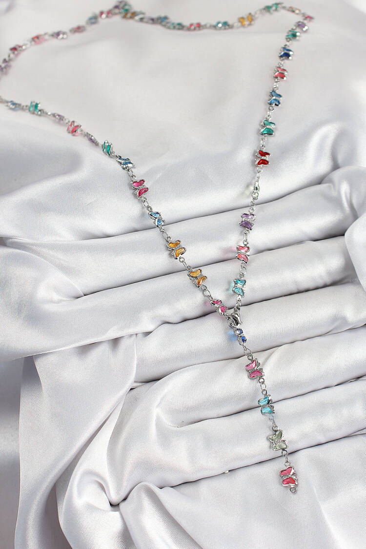 Brass Color Zircon Stone Butterfly Pattern Silver Color Women Y Necklace
