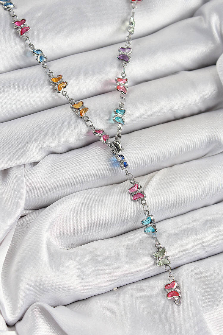 Brass Color Zircon Stone Butterfly Pattern Silver Color Women Y Necklace