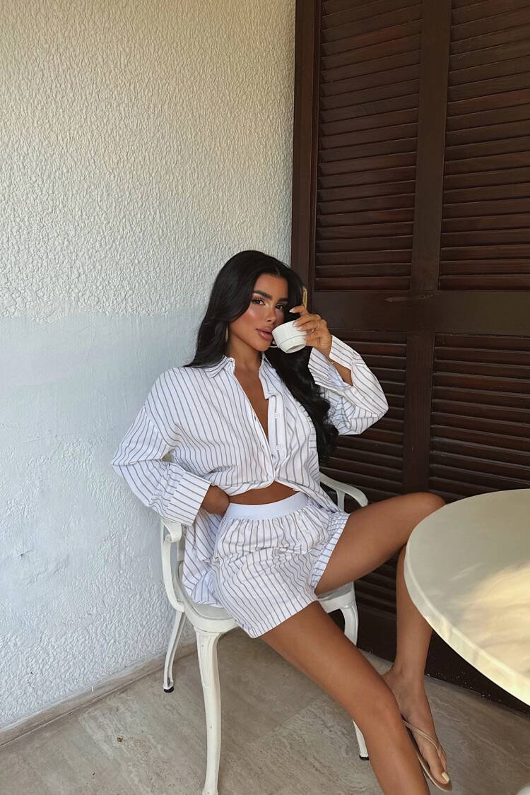 White Striped Casual Sport Elegant Set