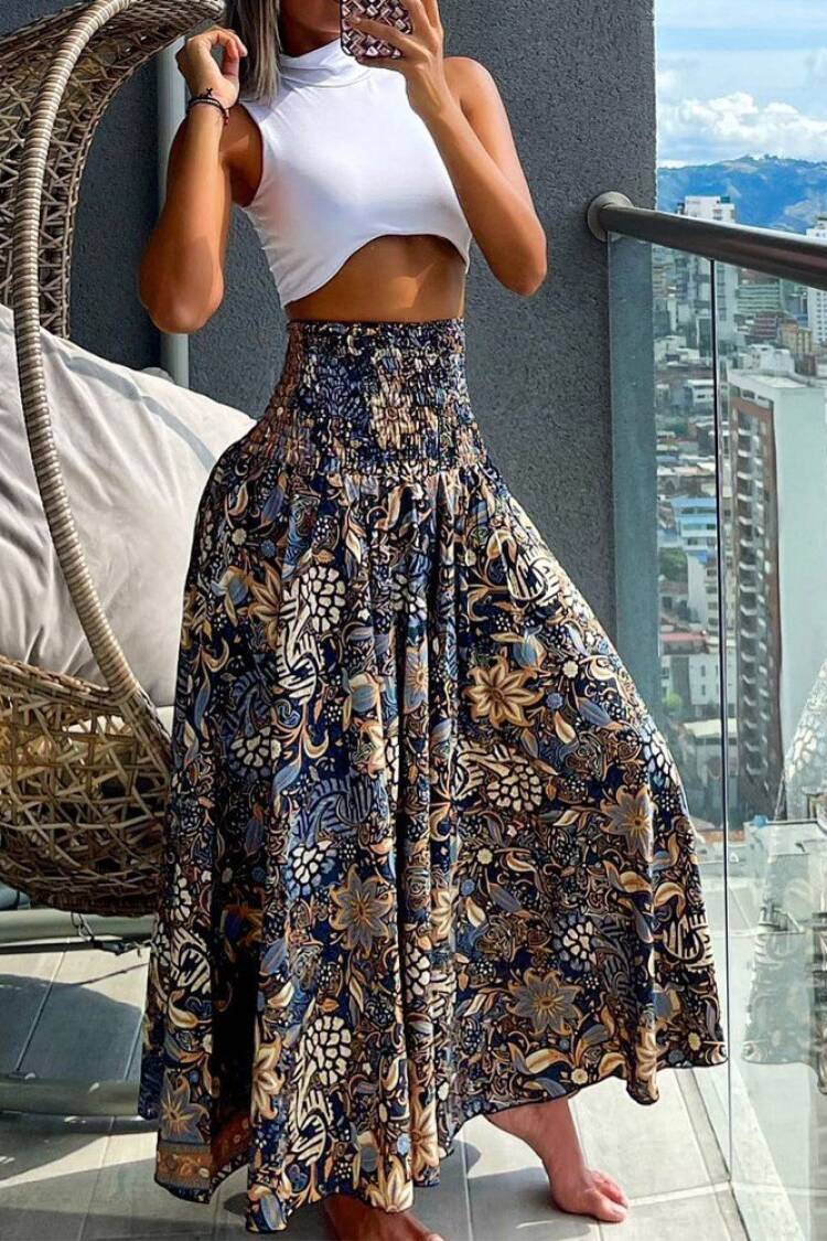 Blue Boho Wide Leg Palazzo Pants