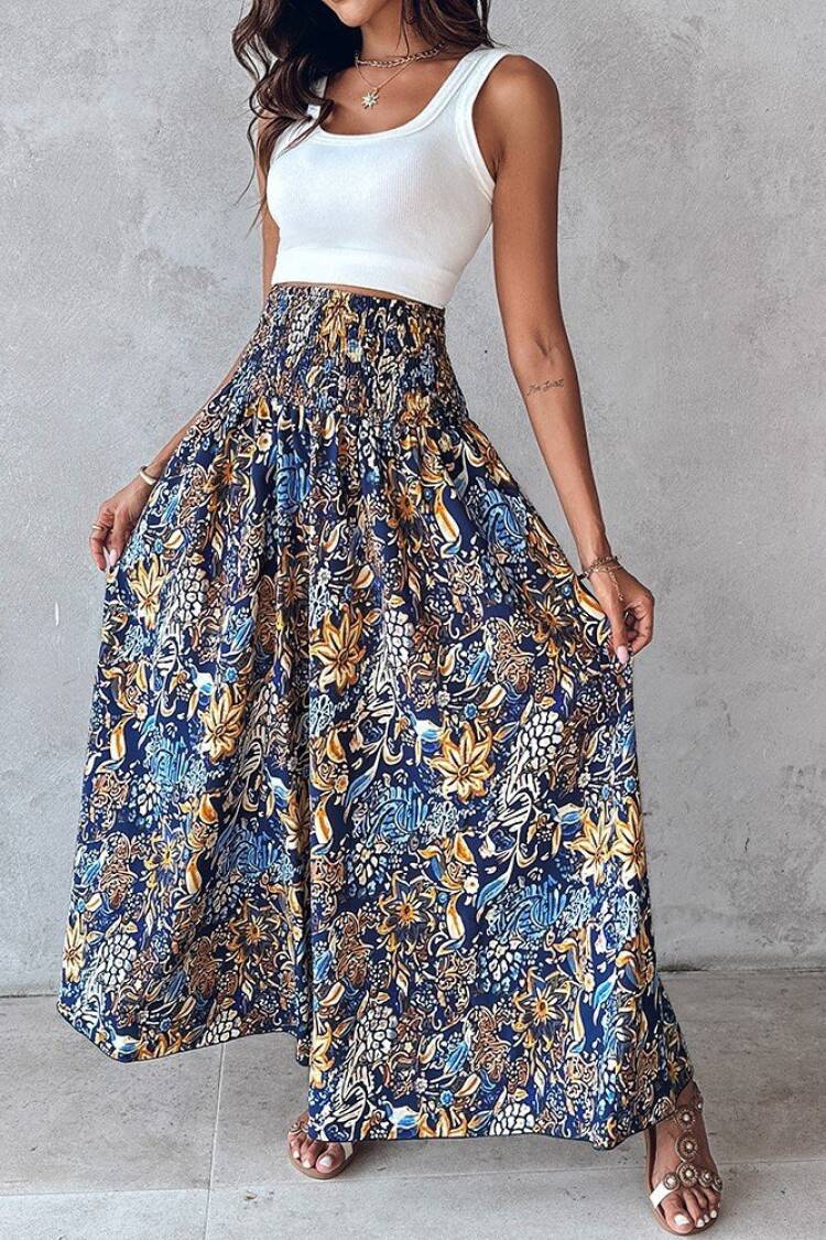 Blue Boho Wide Leg Palazzo Pants