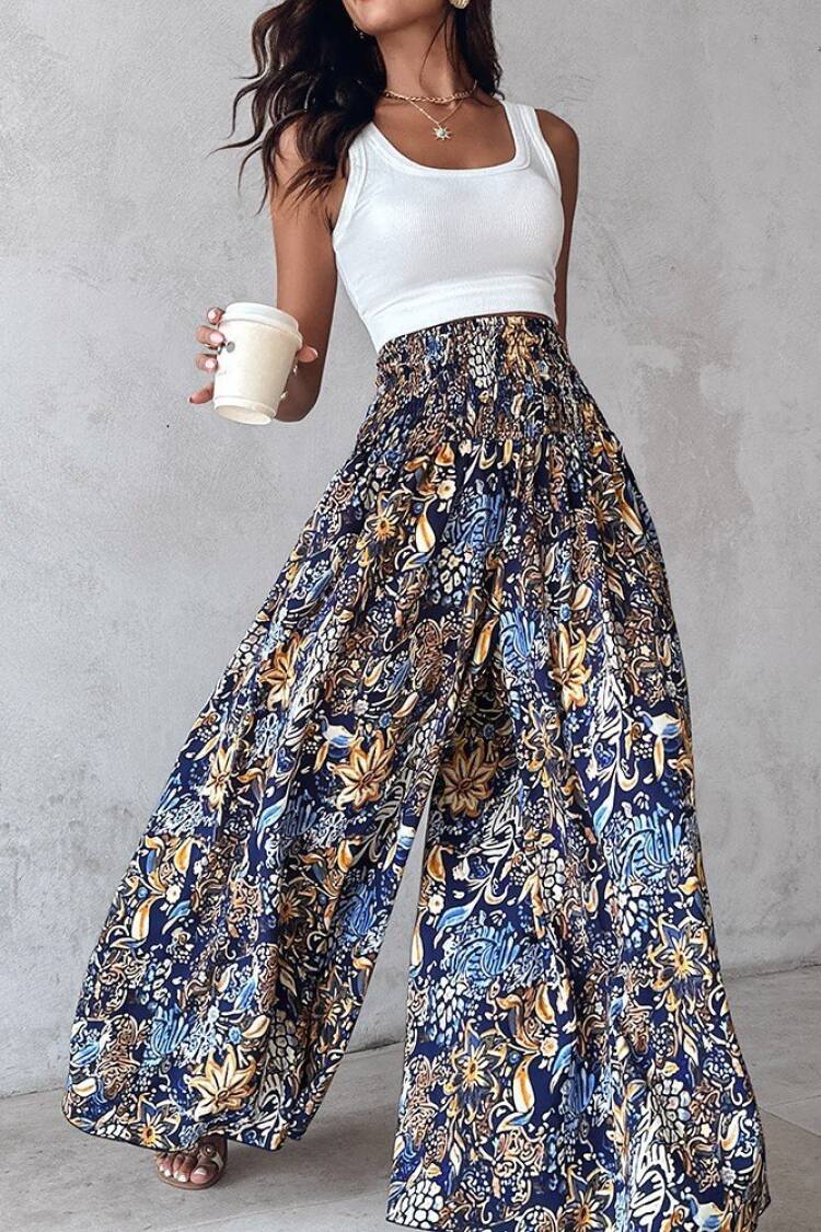 Blue Boho Wide Leg Palazzo Pants