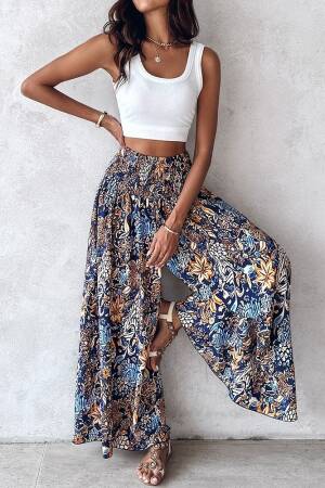 Blue Boho Wide Leg Palazzo Pants