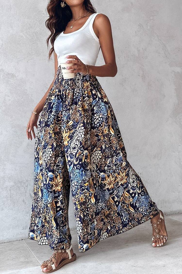 Blue Boho Wide Leg Palazzo Pants