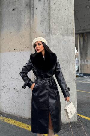 Fur Detailed Faux Leather Coat
