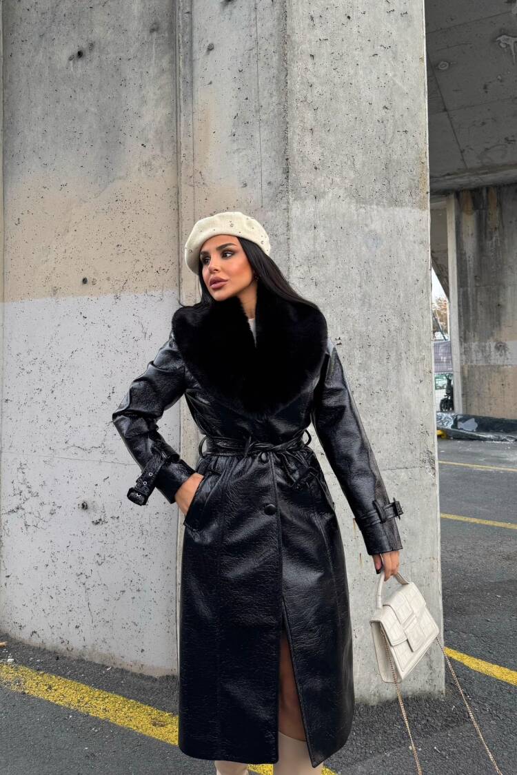 Fur Detailed Faux Leather Coat