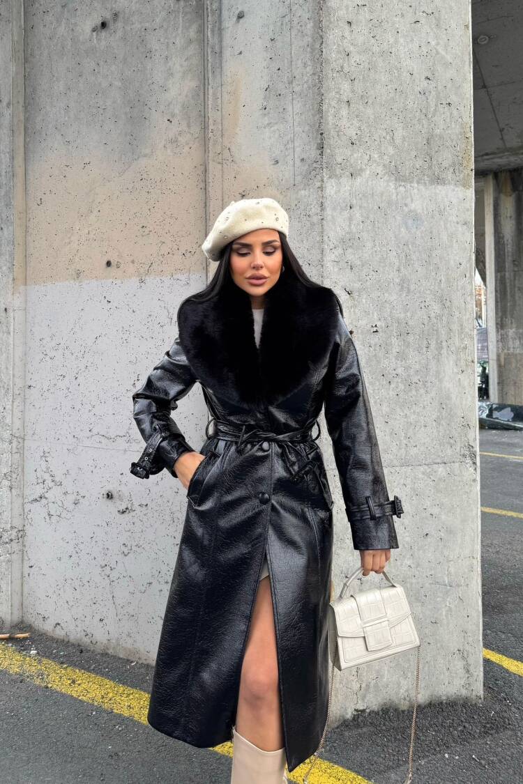 Fur Detailed Faux Leather Coat