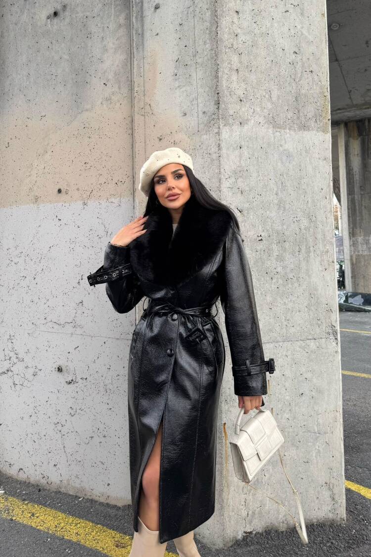Fur Detailed Faux Leather Coat