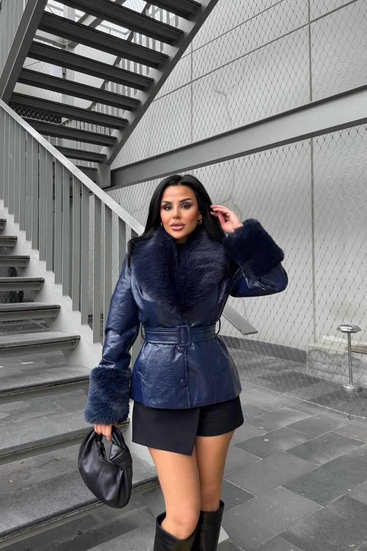 NavyElegant Wrapover Fur Coat