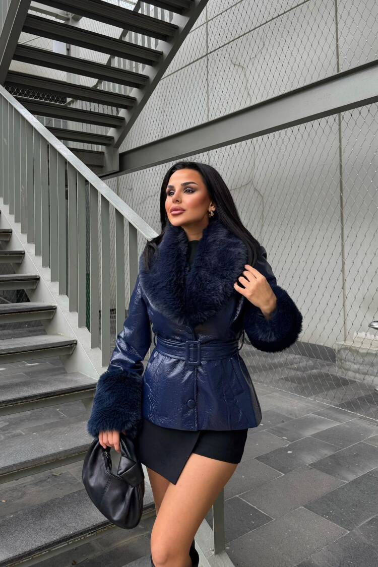 NavyElegant Wrapover Fur Coat