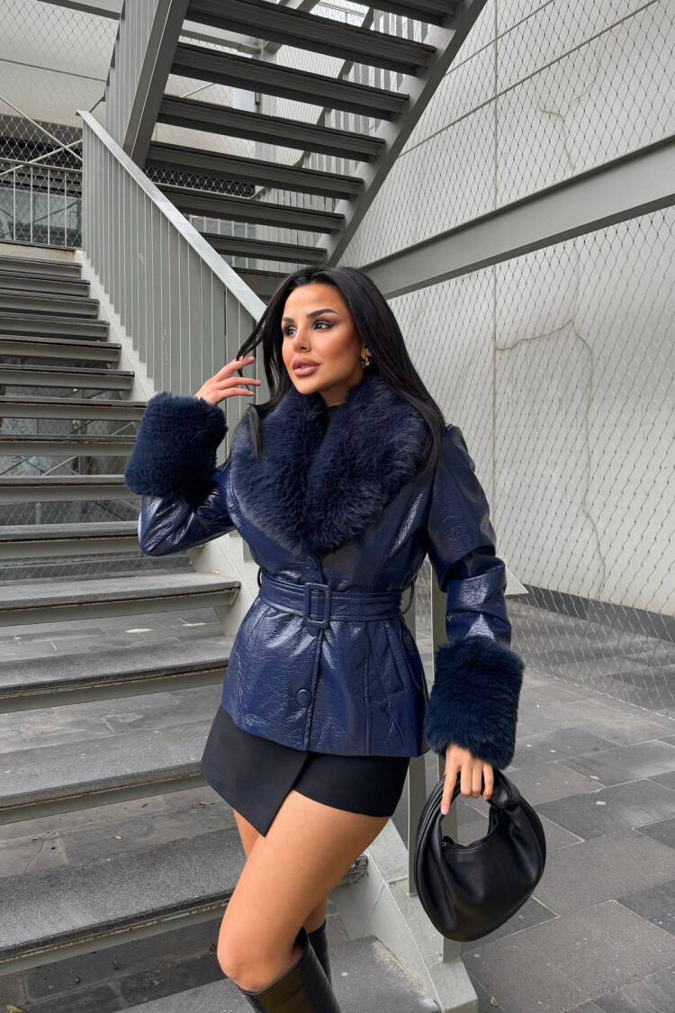 NavyElegant Wrapover Fur Coat