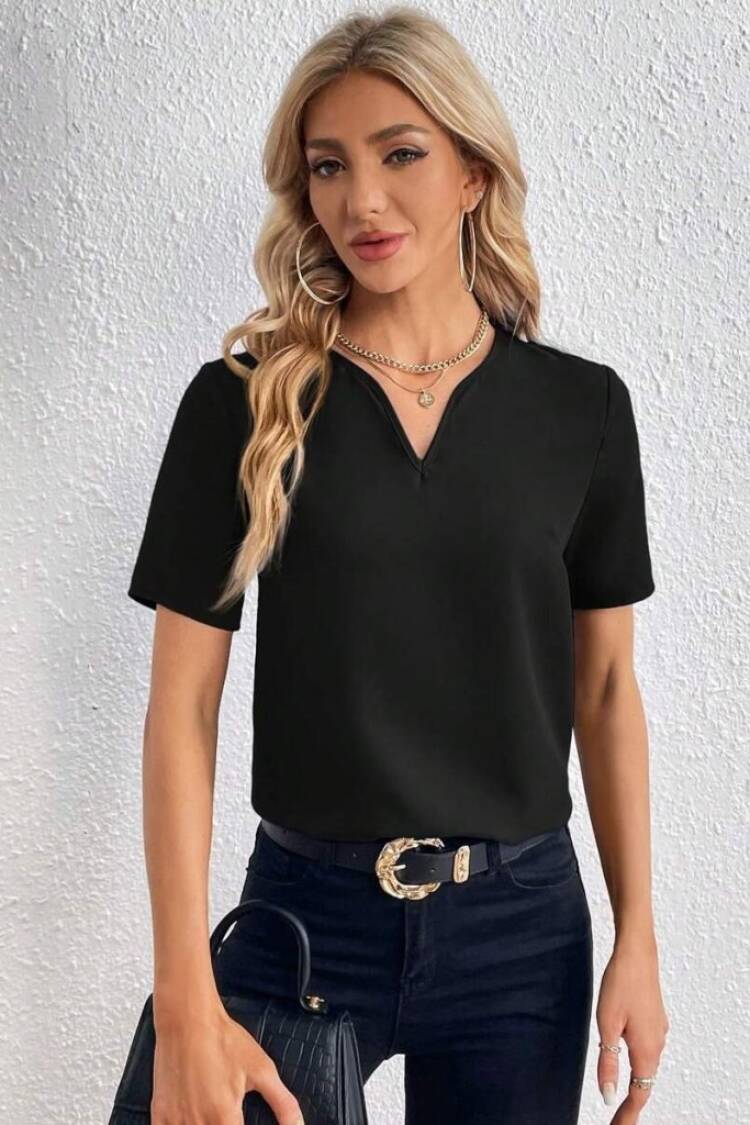 Blouse With Plunging Neck And Short Straight Sleeves