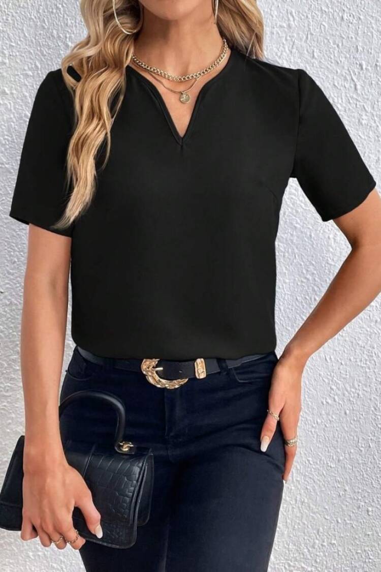 Blouse With Plunging Neck And Short Straight Sleeves