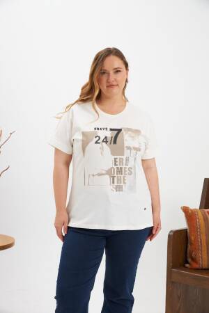 White Casual Tshirt With Letter Print - Plus Size