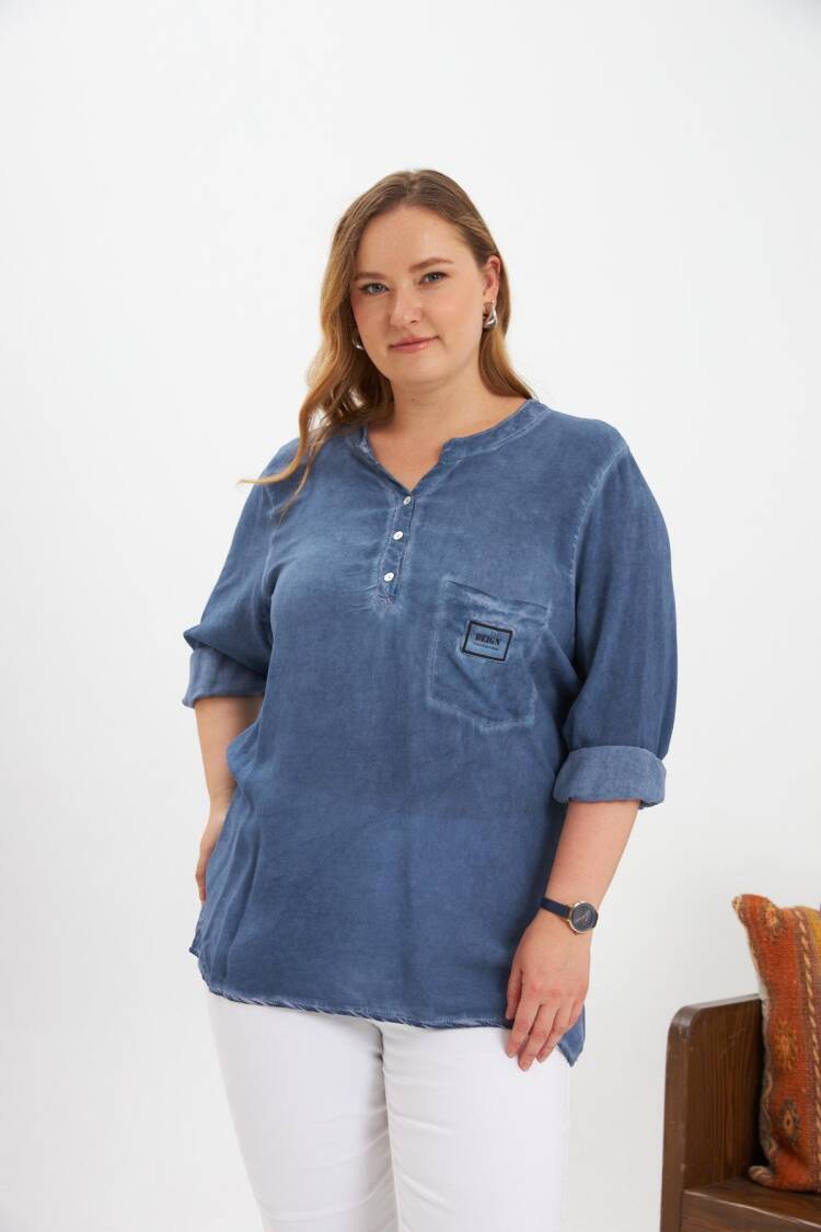 Blue Casual Plus Size Blouse With Grandad Neck