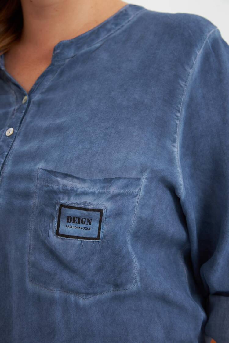 Blue Casual Plus Size Blouse With Grandad Neck