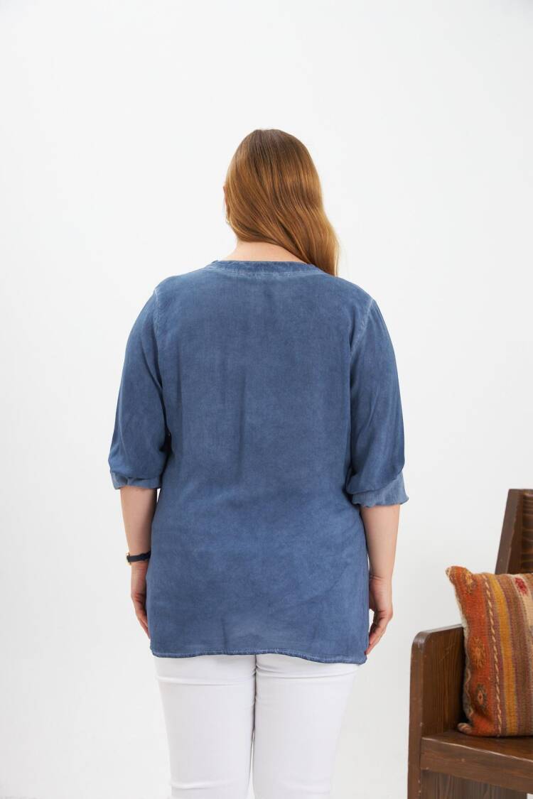 Blue Casual Plus Size Blouse With Grandad Neck