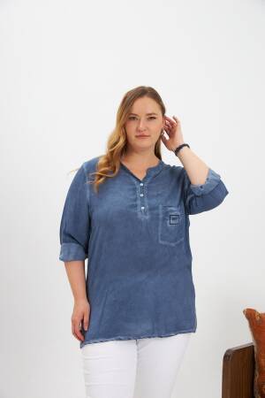 Blue Casual Plus Size Blouse With Grandad Neck