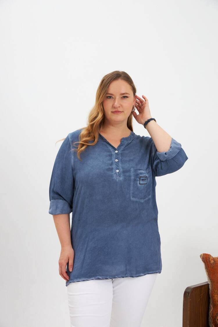 Blue Casual Plus Size Blouse With Grandad Neck