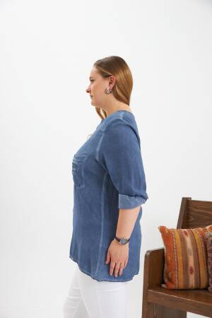 Blue Casual Plus Size Blouse With Grandad Neck