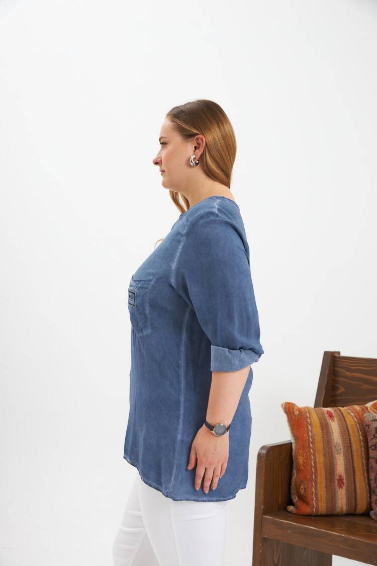 Blue Casual Plus Size Blouse With Grandad Neck