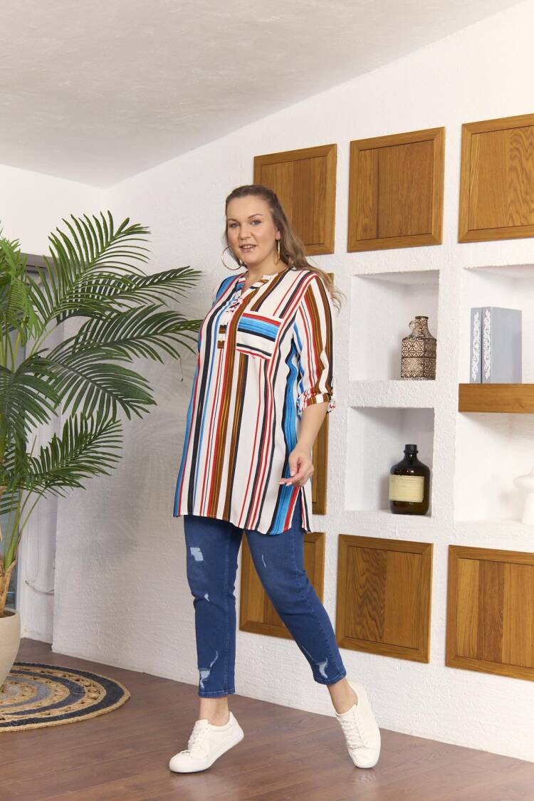 Blue Striped Casual Plus Size Blouse