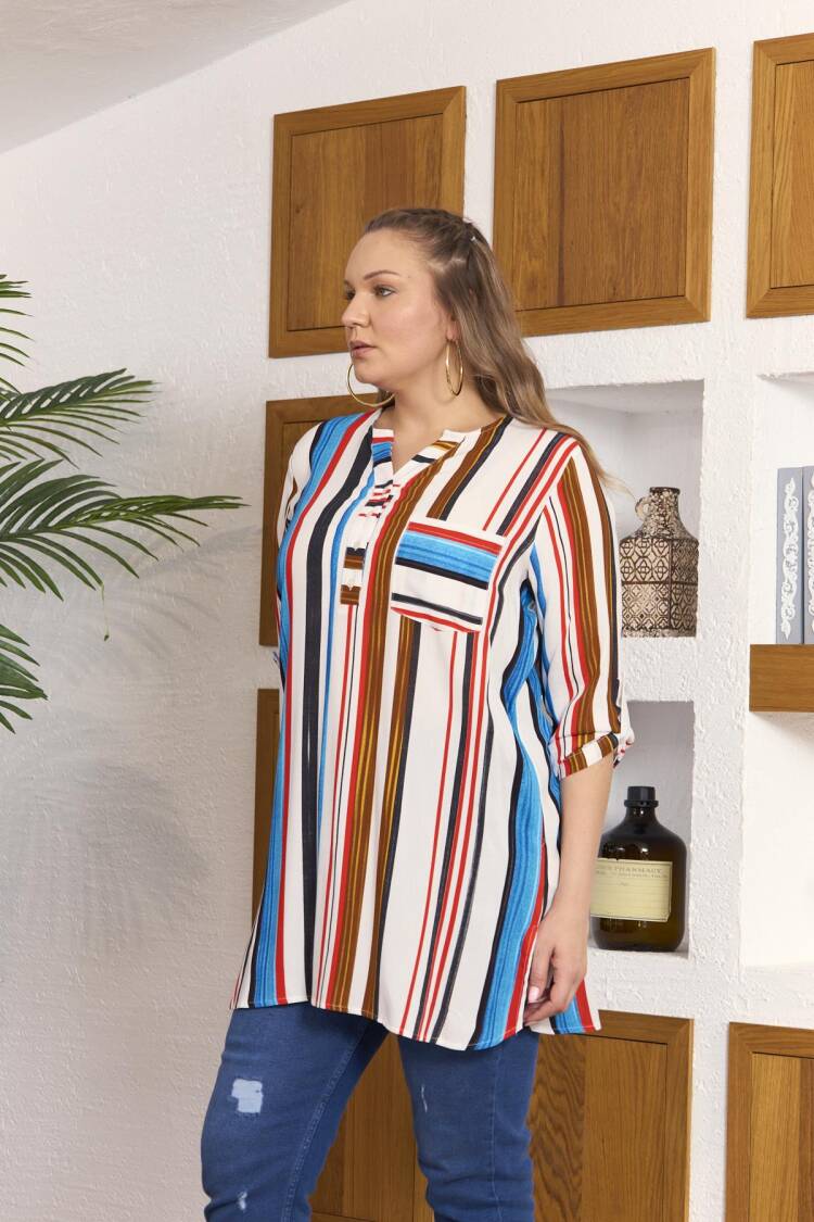 Blue Striped Casual Plus Size Blouse