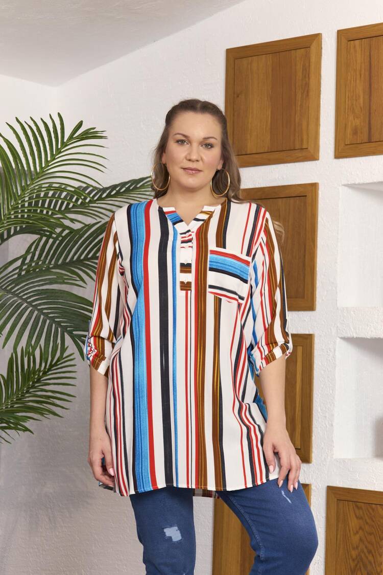 Blue Striped Casual Plus Size Blouse