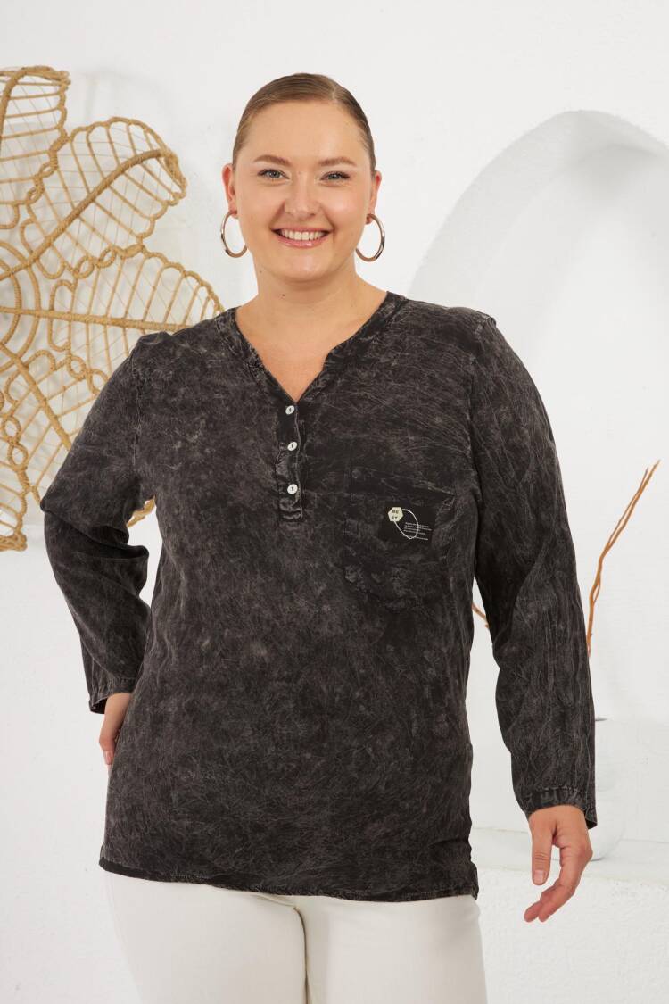 Black Plus Size Casual Blouse With Notched Neck
