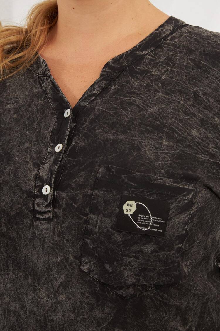 Black Plus Size Casual Blouse With Notched Neck