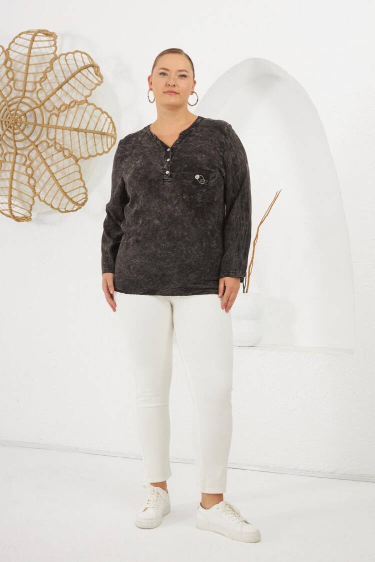 Black Plus Size Casual Blouse With Notched Neck