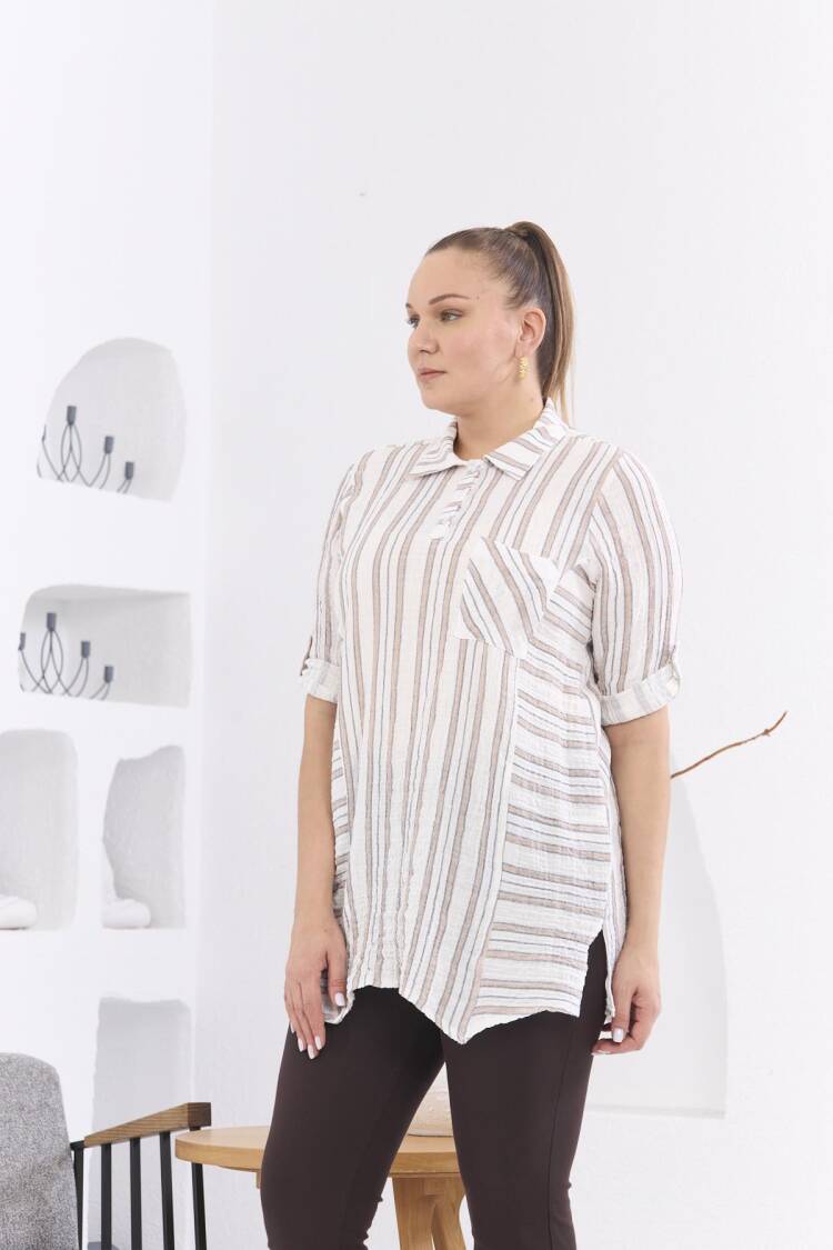 Asymmetric Cut Mueslin Fabric Striped Plus SizeTunic