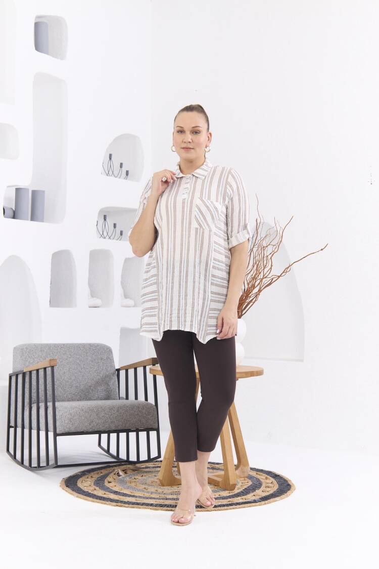 Asymmetric Cut Mueslin Fabric Striped Plus SizeTunic