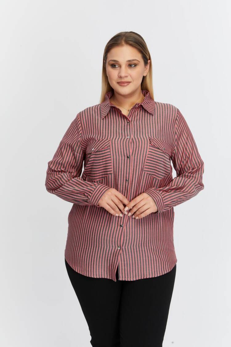 Pink Plus Size Casual Striped Polo Neck Shirt