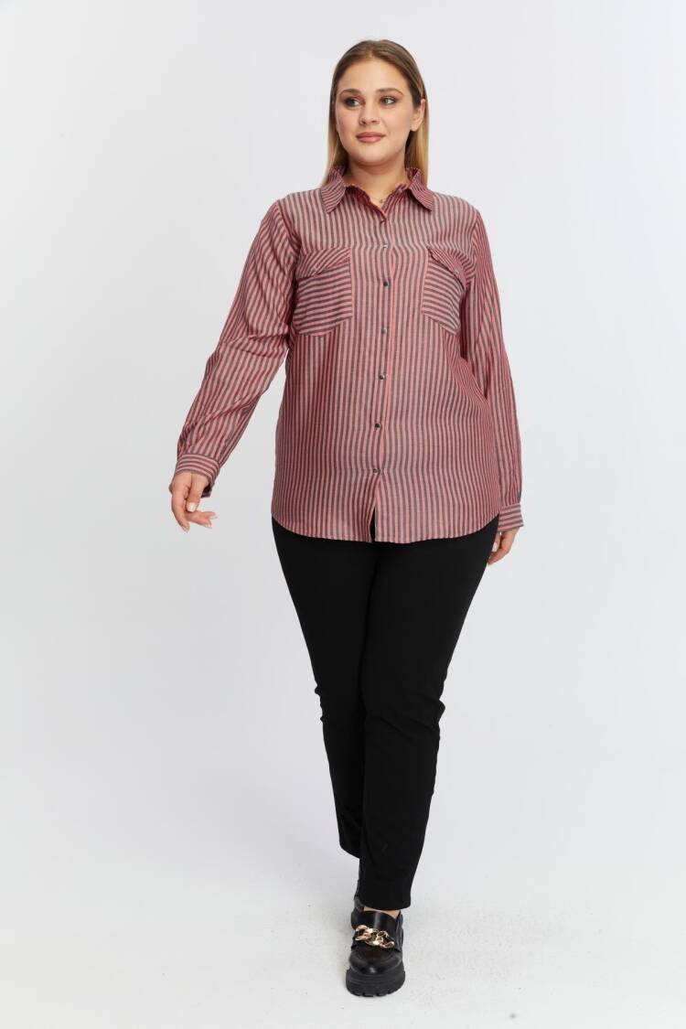 Pink Plus Size Casual Striped Polo Neck Shirt