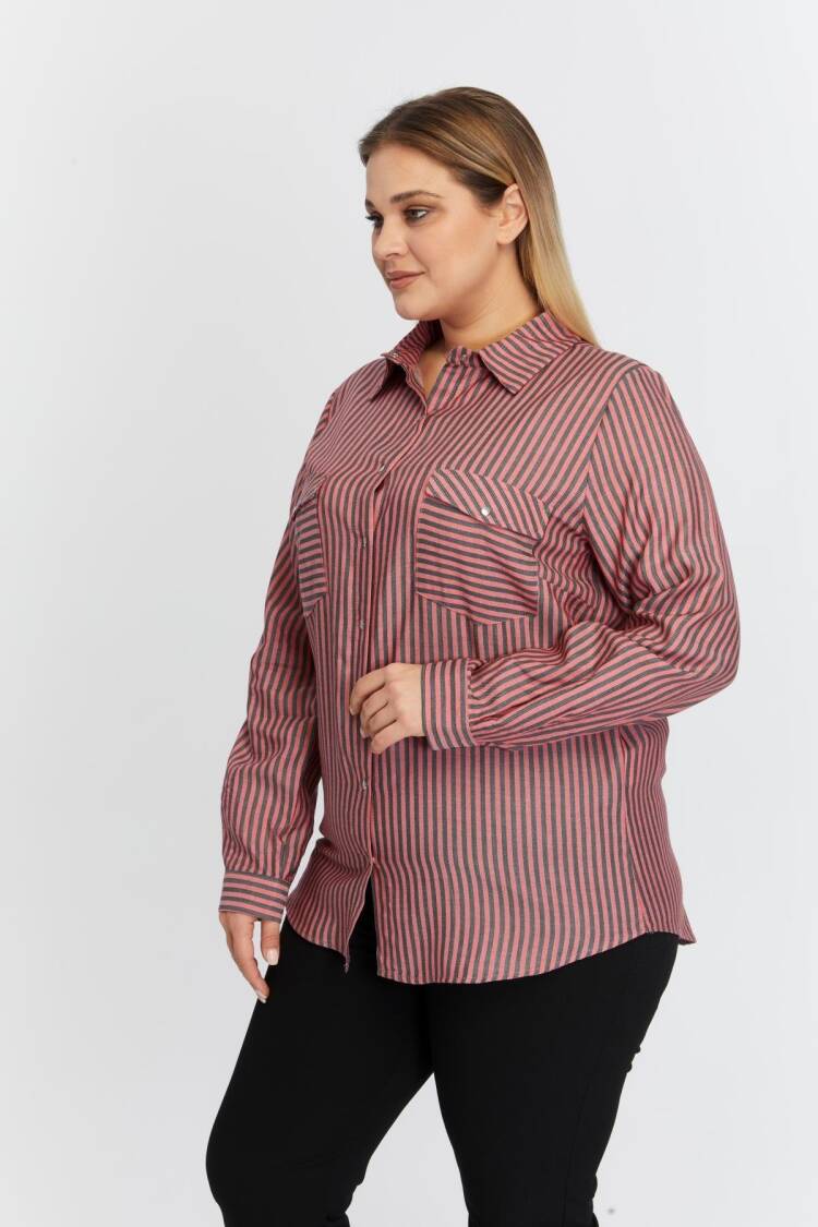 Pink Plus Size Casual Striped Polo Neck Shirt